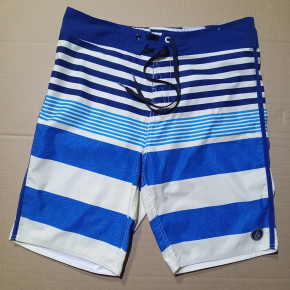 Volcom Blue and White Striped Board Shorts - Picture 1 of 16
